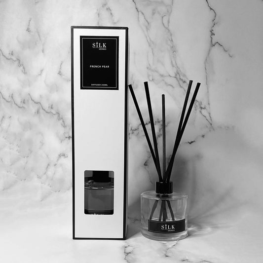 A clear diffuser bottle with a black lid and black diffuser reeds, next to the same in a white box with a black label and black trim