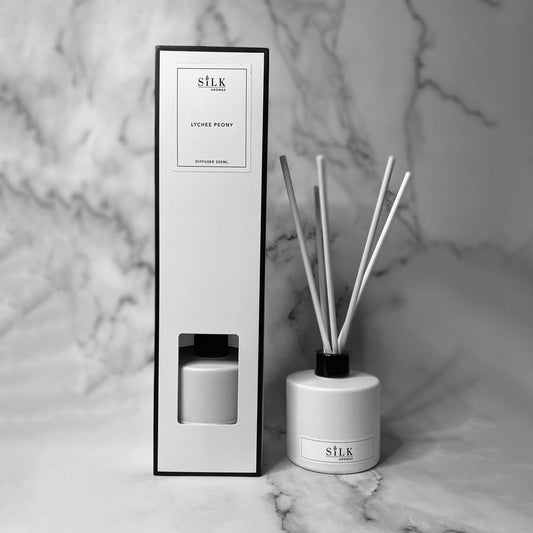 A white diffuser bottle with a black lid and white diffuser reeds, next to the same in a white box with a white label and black trim